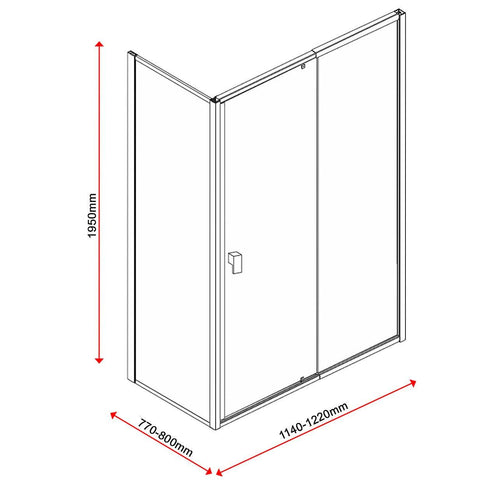 Front: (114~122) x 195cm Adjustable Semi Frameless Shower Screen in Chrome Side: (77~80) x 195cm