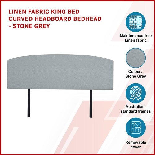 Curved King Bed Deluxe Headboard Bedhead Linen Fabric Stone Grey 
