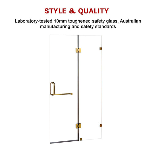 90 x 200cm Wall to Wall Frameless Shower Screen in GOLD Hardware with SQUARE Handle