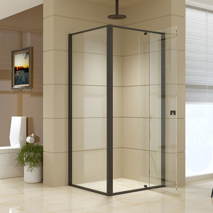 Front: (74~82) x 195cm Adjustable Semi Frameless Shower Screen in Black Side: (98~101) x 195cm