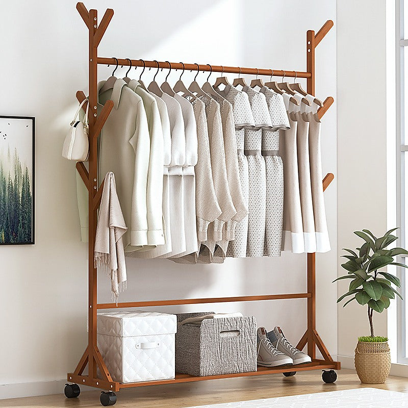 Portable Clothes Rack Coat & Garment Stand – Bamboo Rail Hanger Closet Airer in Dark Wood