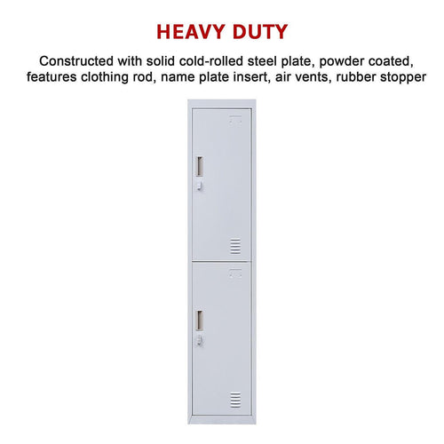 Grey 2-Door Locker for Office Gym Shed School Home Storage - Padlock-operated