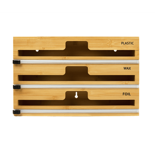 3 Grids Bamboo Food Wrap Dispenser Cutter Foil Cling Film Storage Holder Box Kitchen