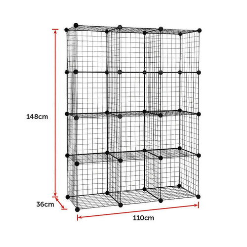 12 Cube Wire Grid Organiser Bookcase Storage Cabinet Wardrobe Closet Black