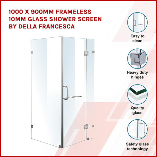 100 x 90cm Frameless 10mm Glass Shower Screen By Della Francesca CHROME Hardware, ROUND Handle