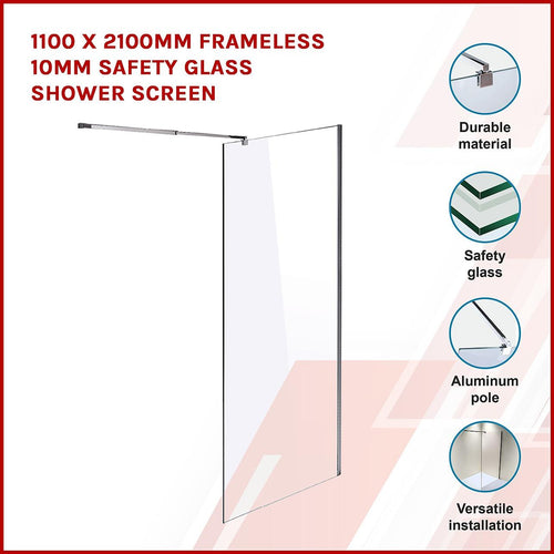 110 x 210cm Frameless 10mm Safety Glass Shower Screen in Square CHROME