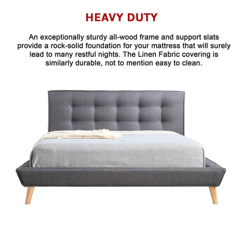 Queen Linen Fabric Bed with Button Tufted Headboard - Grey