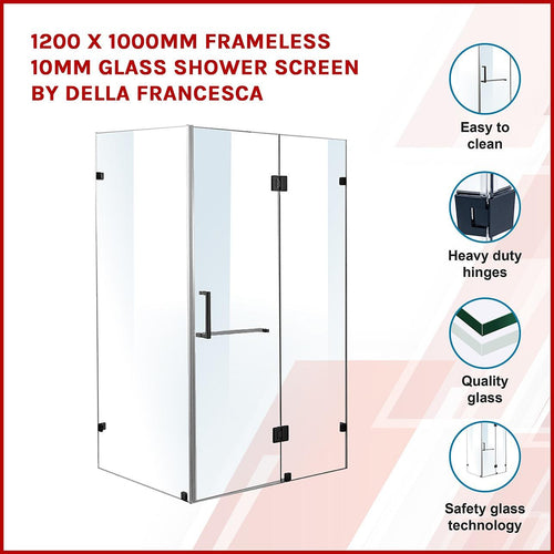 120 x 100cm Frameless 10mm Glass Shower Screen By Della Francesca BLACK Hardware, SQUARE Handle