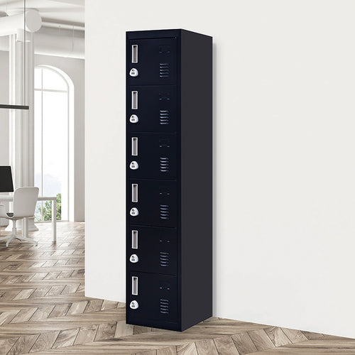 6-Door Black Metal Locker Cabinet – Vertical Storage with 3-Digit Combination Lock for Office, School