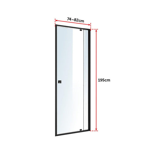 Front: (74~82) x 195cm Adjustable Semi Frameless Shower Screen in Black No Side Return