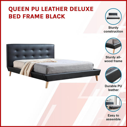Queen PU Leather Deluxe Bed Frame - Black