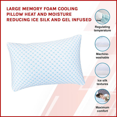 Large Memory Foam Cooling Pillow Heat and Moisture Reducing Ice Silk and Gel Infused