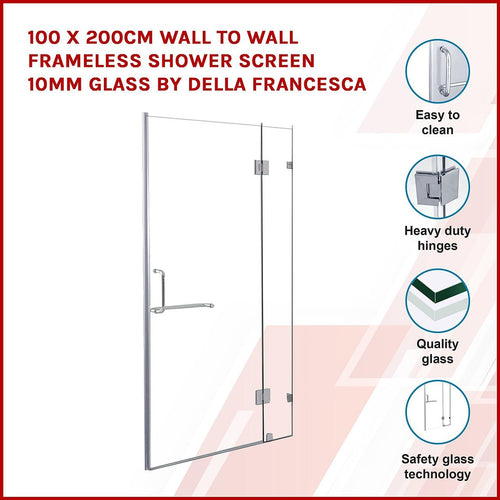 100 x 200cm Wall to Wall Frameless Shower Screen in CHROME Hardware, ROUND Handle