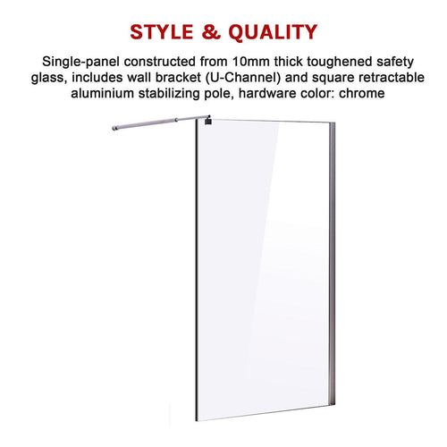 110 x 210cm Frameless 10mm Safety Glass Shower Screen in Round CHROME