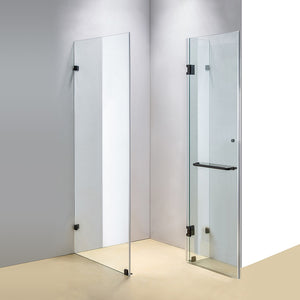 90 x 80cm Frameless 10mm Glass Shower Screen By Della Francesca BLACK Hardware, ROUND Handle