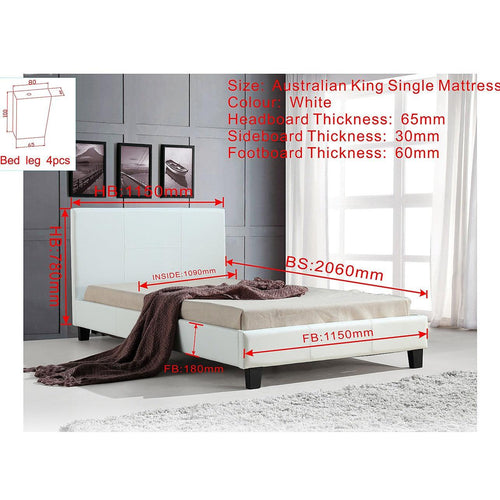 King Single Bed Frame White PU Leather