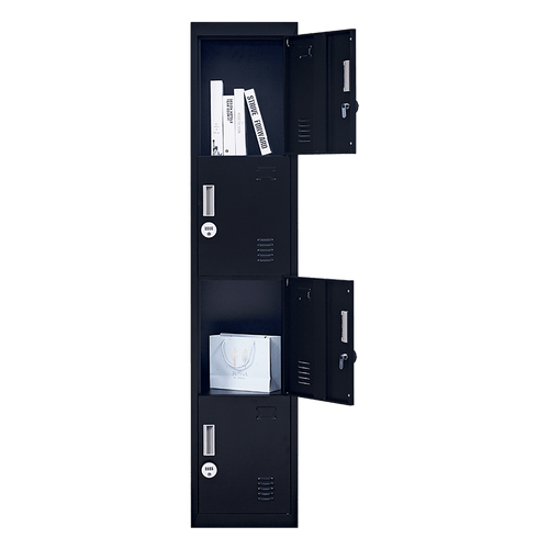 Black 4-Door Locker for Office Gym Shed School Home Storage - 4-Digit Combination Lock