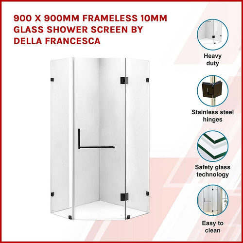 900 x 900mm Frameless 10mm Glass Shower Screen By Della Francesca Black Hardware, Square Handle