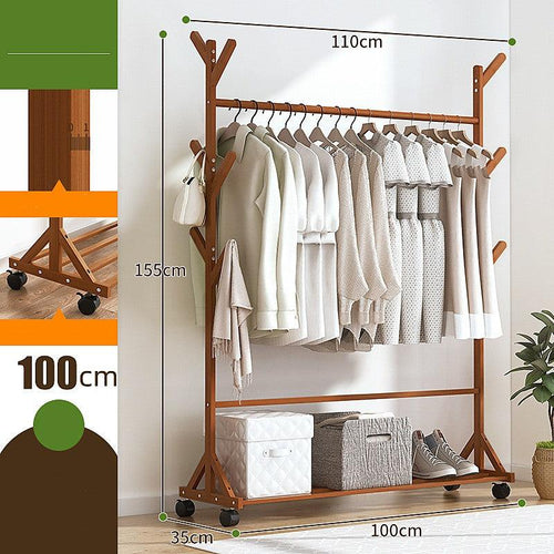 Portable Clothes Rack Coat Garment Stand Bamboo Rail Hanger Airer Closet - Dark Wood