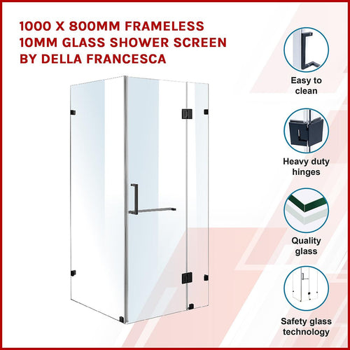 100 x 80cm Frameless 10mm Glass Shower Screen By Della Francesca BLACK Hardware, SQUARE Handle