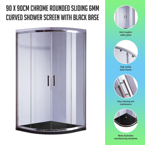 90 x 90cm Rounded Sliding 6mm Curved Shower Screen with Base in Chrome with Black Base