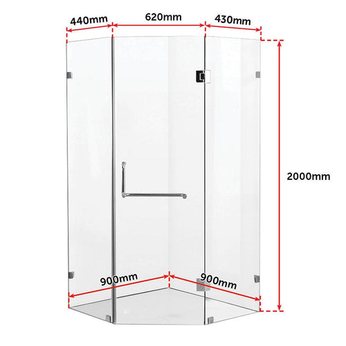 900 x 900mm Frameless 10mm Glass Shower Screen By Della Francesca CHROME Hardware, Round Handle