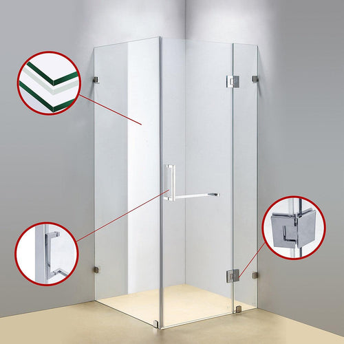 90 x 100cm Frameless 10mm Glass Shower Screen By Della Francesca CHROME Hardware,SQUARE Handle