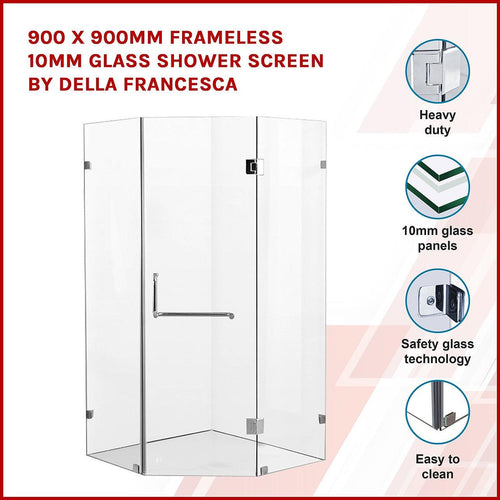 900 x 900mm Frameless 10mm Glass Shower Screen By Della Francesca CHROME Hardware, Round Handle