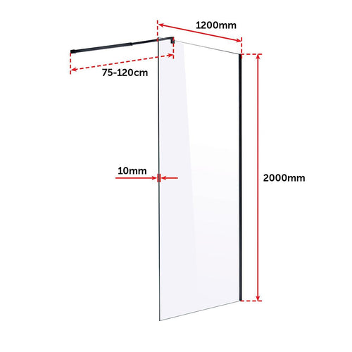 120 x 200cm Frameless 10mm Safety Glass Shower Screen in Square Black