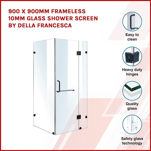 90 x 90cm Frameless 10mm Glass Shower Screen By Della Francesca BLACK Hardware, ROUND Handle