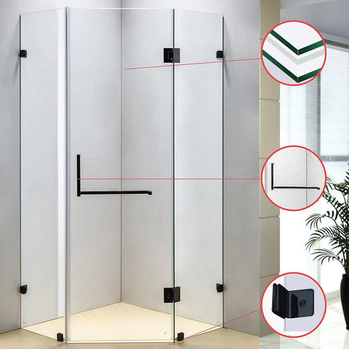 1000 x 1000mm Frameless 10mm Glass Shower Screen By Della Francesca Black Hardware, Square Handle