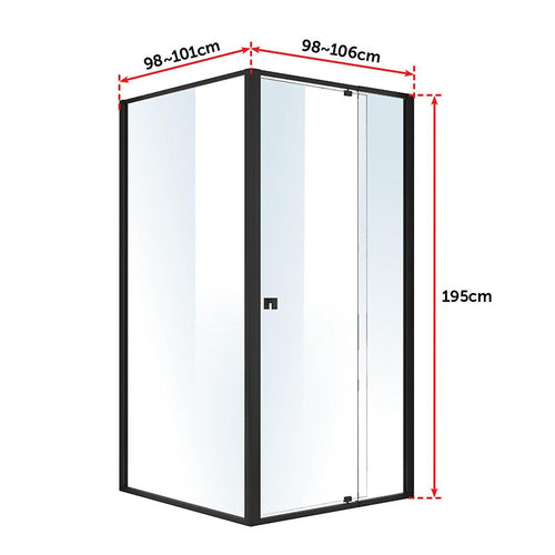 Front: (98~106) x 195cm Adjustable Semi Frameless Shower Screen in Black Side: (98~101) x 195cm