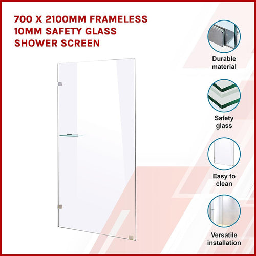 70 x 210cm Frameless 10mm Safety Glass Shower Screen Nickel Finish