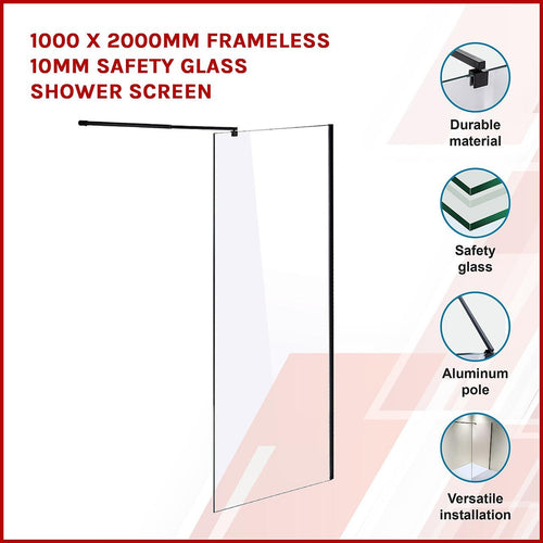 100 x 200cm Frameless 10mm Safety Glass Shower Screen in Round Black