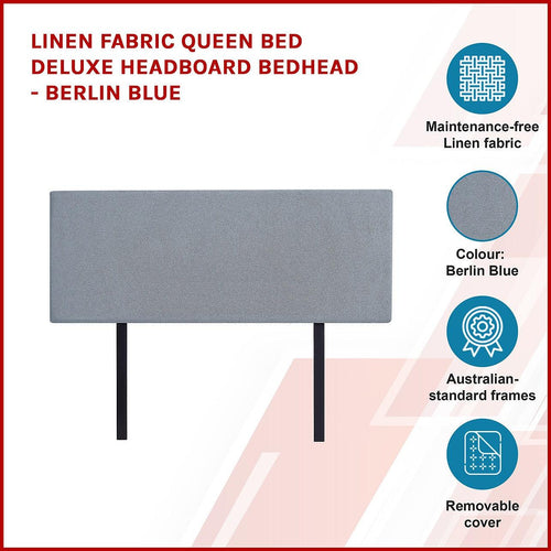 Linen Fabric Rectangular Queen Bed Deluxe Headboard Bedhead Berlin Blue 