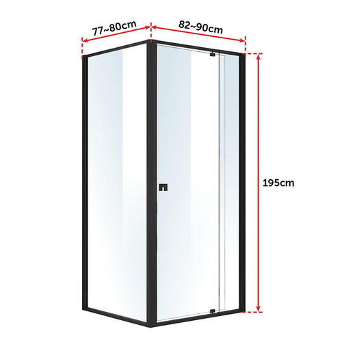 Front: (82~90) x 195cm Adjustable Semi Frameless Shower Screen in Black Side: (77~80) x 195cm