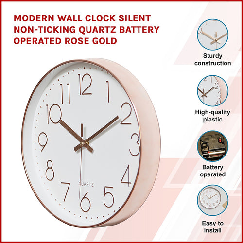 Modern Rose Gold Wall Clock – Silent Quartz Battery-Operated Design for Home & Office