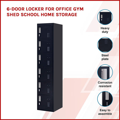 6-Door Black Metal Locker Cabinet – Vertical Storage with Padlock-operated for Office, School