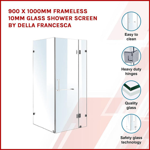 90 x 100cm Frameless 10mm Glass Shower Screen By Della Francesca CHROME Hardware,SQUARE Handle