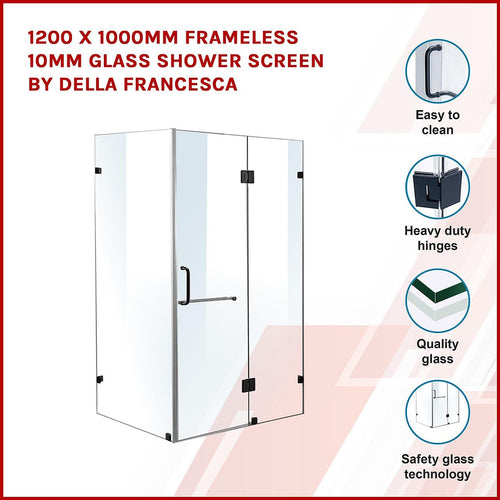 120 x 100cm Frameless 10mm Glass Shower Screen By Della Francesca BLACK Hardware, ROUND Handle