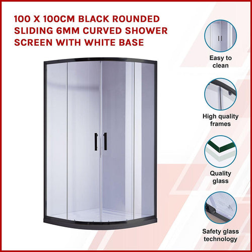 100 x 100cm Rounded Sliding 6mm Curved Shower Screen with Base in Black with White Base