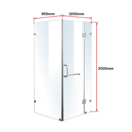 100 x 90cm Frameless 10mm Glass Shower Screen By Della Francesca CHROME Hardware, ROUND Handle