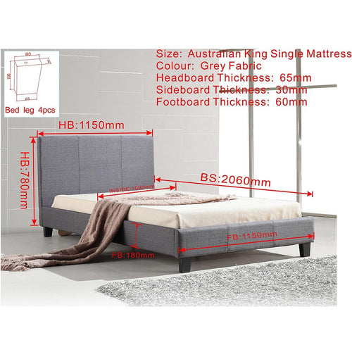 King Single Bed Frame Grey Linen Fabric