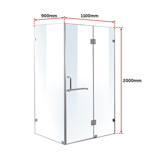 110 x 90cm Frameless 10mm Glass Shower Screen By Della Francesca CHROME Hardware, ROUND Handle