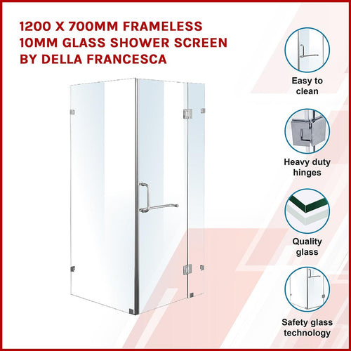 120 x 70cm Frameless 10mm Glass Shower Screen By Della Francesca CHROME Hardware, ROUND Handle