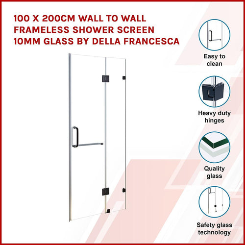 100 x 200cm Wall to Wall Frameless Shower Screen in Black Hardware with Round Handle