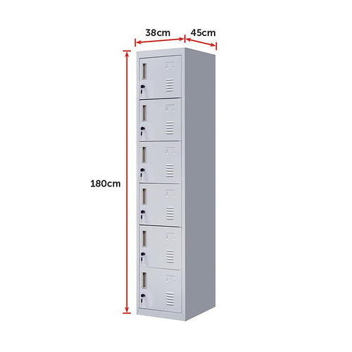 6-Door Grey Metal Locker Cabinet – Vertical Storage with Standard Lock with 2 Keys for Office, School