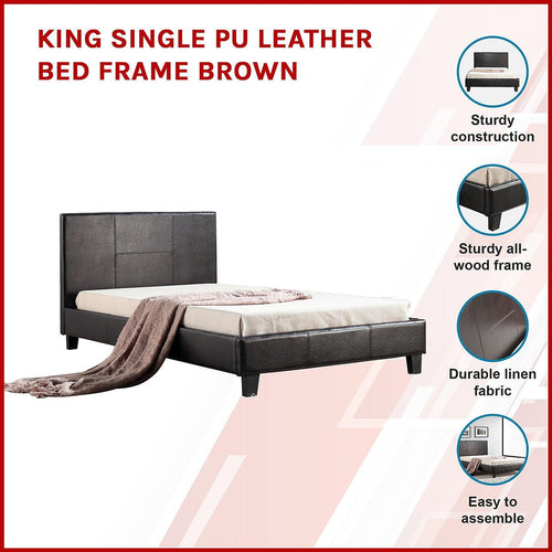 King Single Bed Frame Brown PU Leather
