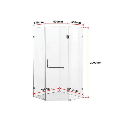 1000 x 1000mm Frameless 10mm Glass Shower Screen By Della Francesca CHROME Hardware, Round Handle