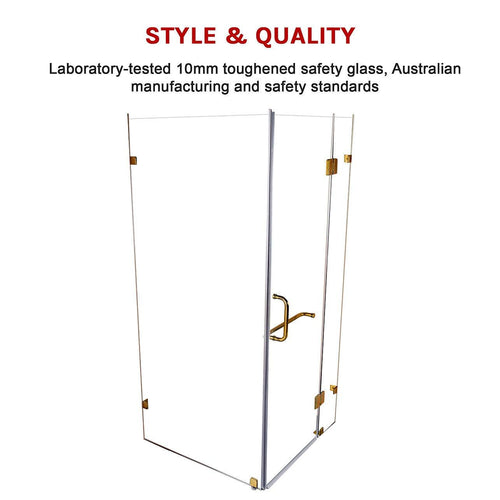 90 x 90cm Frameless 10mm Glass Shower Screen By Della Francesca GOLD Hardware, SQUARE Handle
